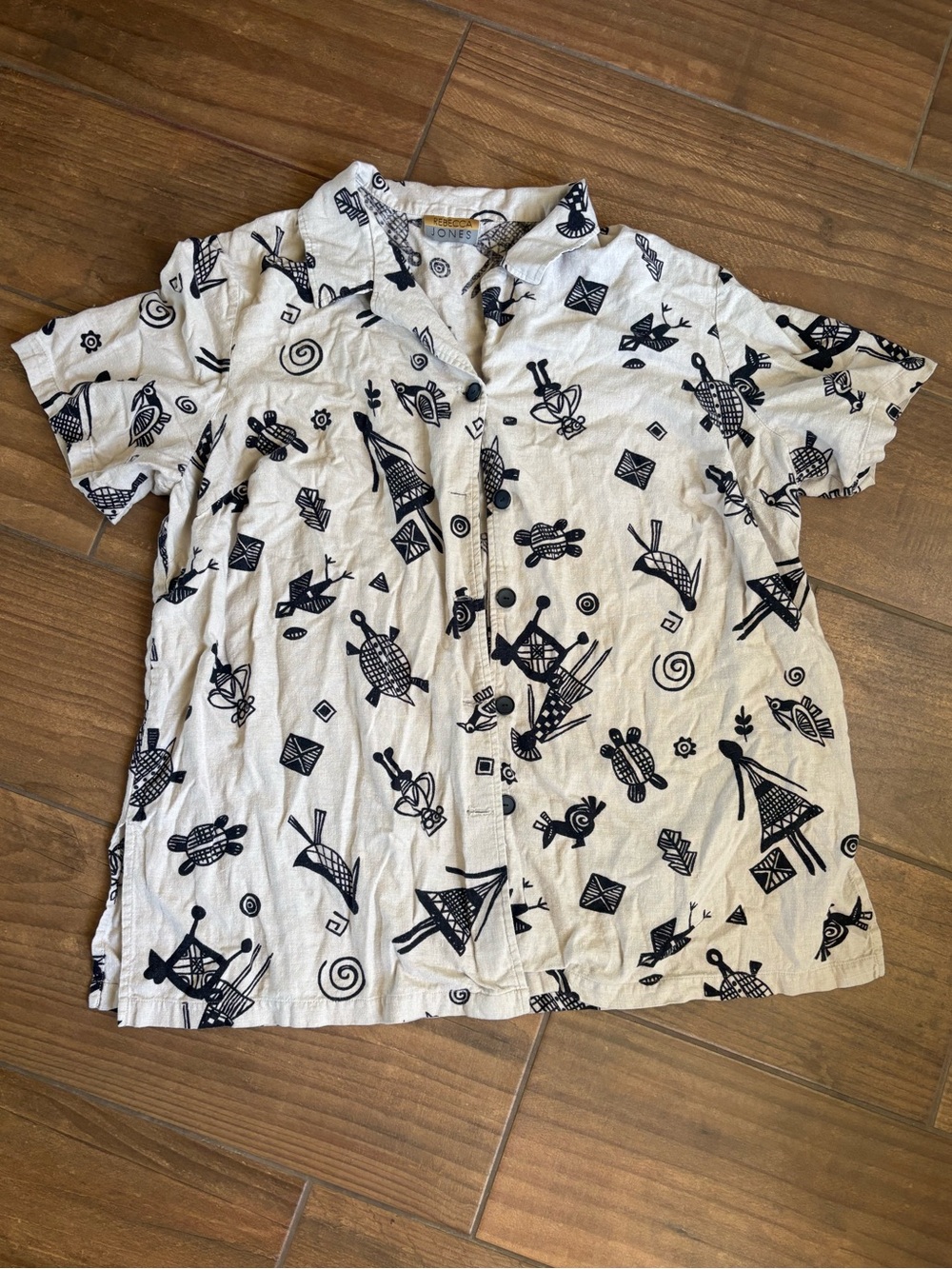 Vintage Rebecca Jones Tribal Print Linen Rayon Button Front Blouse Size 2X Art